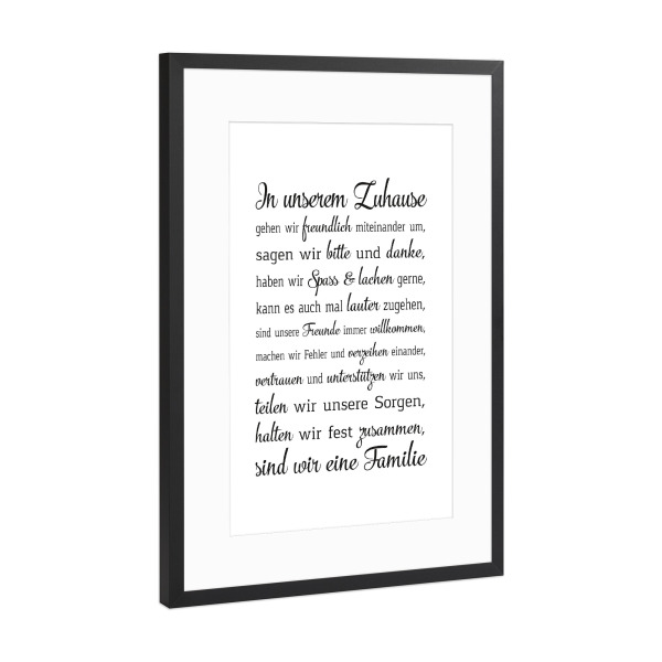 Poster mit Rahmen Schwarz (Metallic) "In unserem Zuhause" artboxONE - Typografie,Schwarzweiß - Familie,Zuhause,Freundlich,Spass,Lachen
