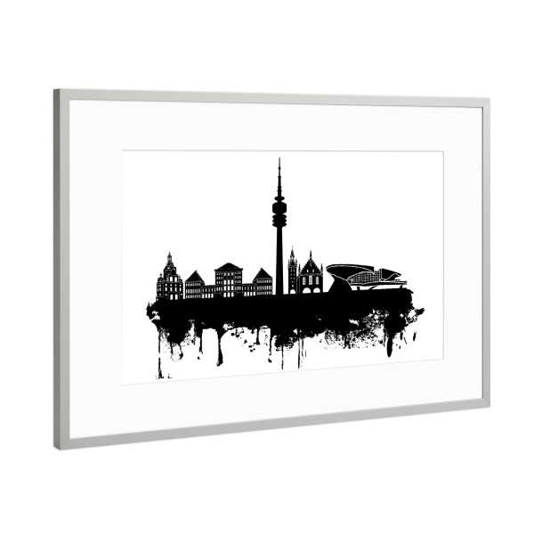 Poster mit Rahmen Silber "Munich Germany Skyline Black and White" artboxONE - Städte,Städte / München,Reise,Schwarzweiß