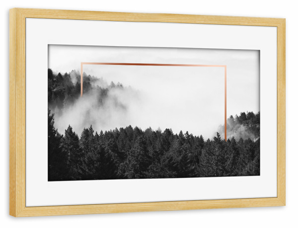 Poster mit Rahmen kiefer "Frame in Forest (kupfer)" artboxONE - Natur,Schwarzweiß,Geometrie - Nebel,Wald,Kupfer rahmen