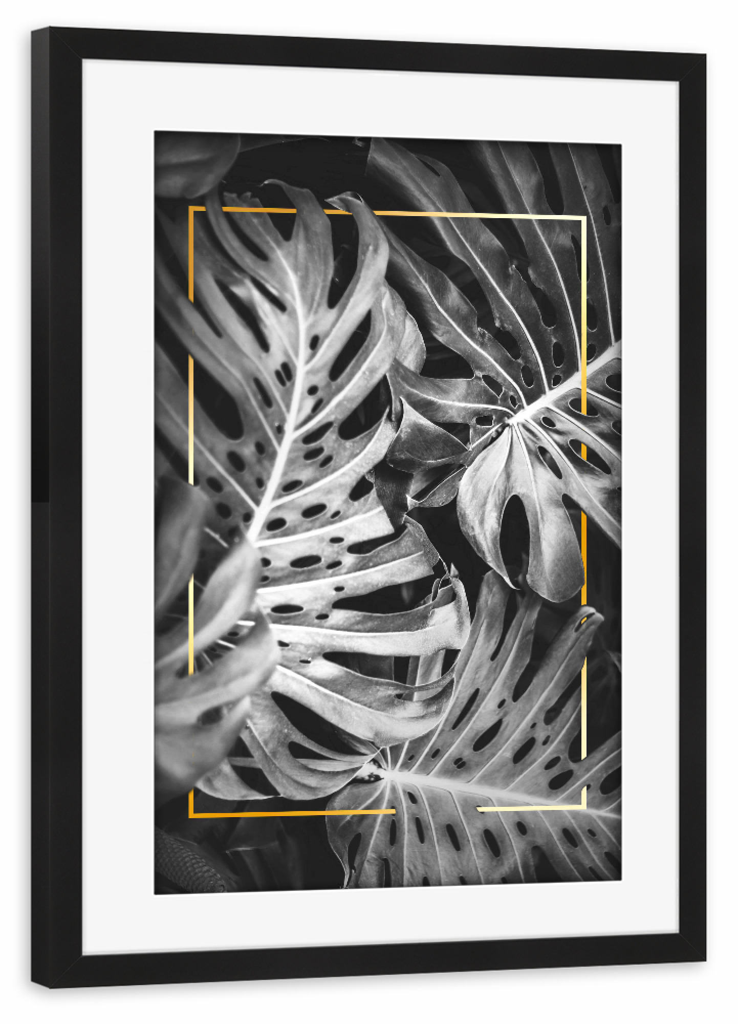 Poster mit Rahmen schwarz "Frame in Leaves (gold)" artboxONE - Natur,Floral,Schwarzweiß,Geometrie