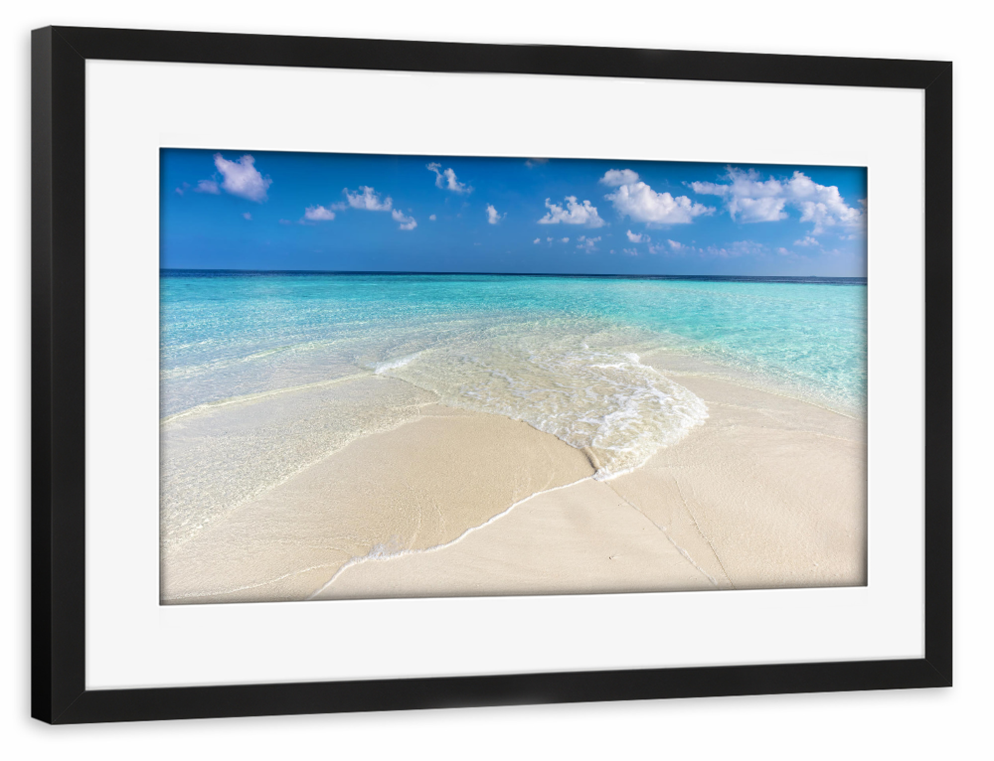 Poster mit Rahmen schwarz "Tropical beach with white sand and clear turquoise ocean. Maldives 2" artboxONE - Reise,Reise / Strand und Meer