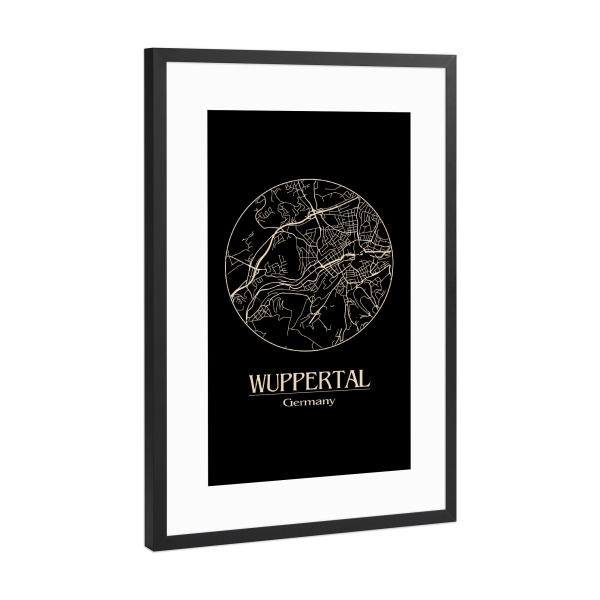Poster mit Rahmen Schwarz (Metallic) "Map Wuppertal Germany" artboxONE - Städte,Städte / Weitere - Retro,Map,Wuppertal,Germany