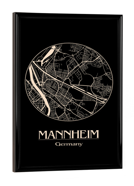 Poster mit schwarzem Rahmen "Map Mannheim Germany Black" artboxONE - Städte,Reise,Städte / Weitere - Retro,Map,Mannheim,Germany