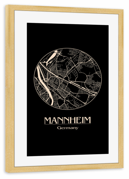 Poster mit Rahmen kiefer "Map Mannheim Germany Black" artboxONE - Städte,Reise,Städte / Weitere - Retro,Map,Mannheim,Germany