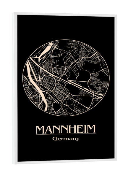 Poster mit weißem Rahmen "Map Mannheim Germany Black" artboxONE - Städte,Reise,Städte / Weitere - Retro,Map,Mannheim,Germany