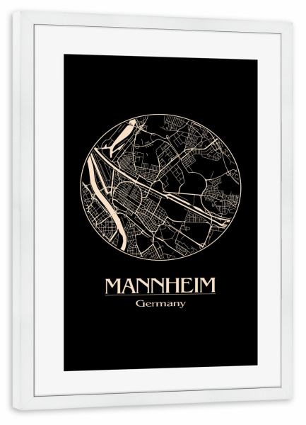 Poster mit Rahmen weiß "Map Mannheim Germany Black" artboxONE - Städte,Reise,Städte / Weitere - Retro,Map,Mannheim,Germany