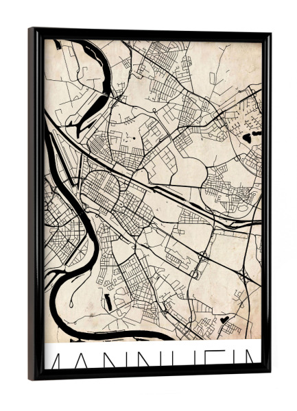 Poster mit schwarzem Rahmen "Retro Map Mannheim Germany 2" artboxONE - Städte - Retro,Map,Mannheim,Germany