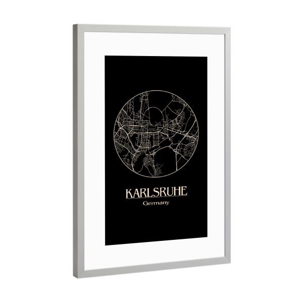 Poster mit Rahmen Silber "Retro City Map of Karlsruhe" artboxONE - Städte,Städte / Weitere - Retro,Map,Karlsruhe,Germany