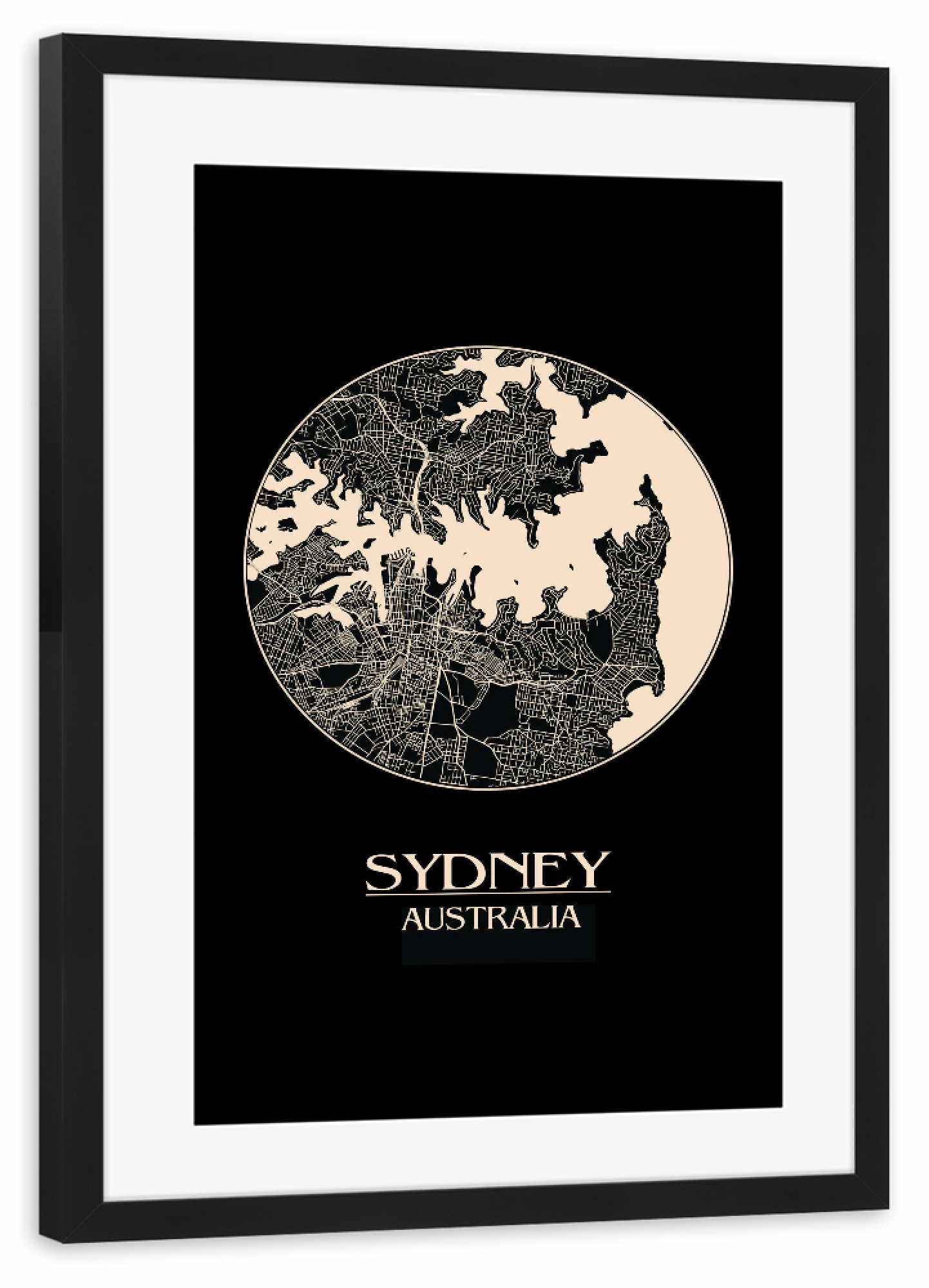 Poster mit Rahmen schwarz "Retro Map of Sydney Australia" artboxONE - Städte,Städte / Sydney - Retro map of sydney australia