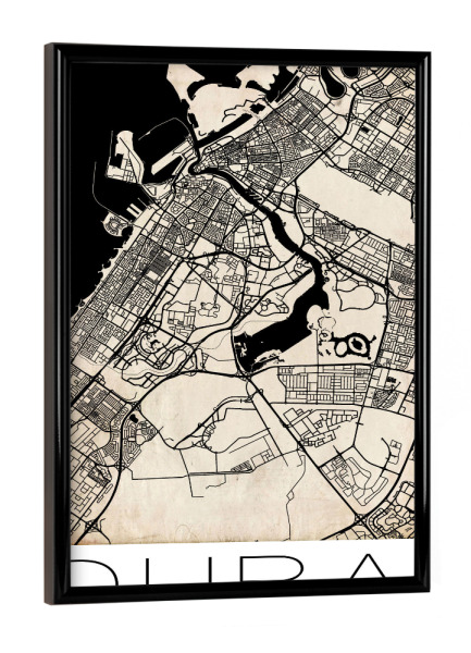 Poster mit schwarzem Rahmen "Retro Map of Dubai 3" artboxONE - Städte,Städte / Dubai - Retro,Map,Dubai