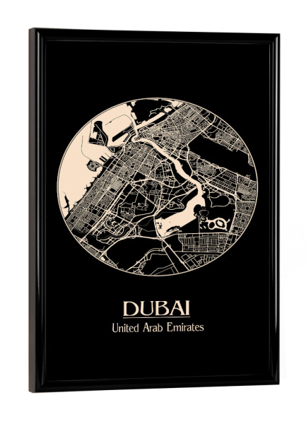 Poster mit schwarzem Rahmen "Retro Map of Dubai 2" artboxONE - Städte,Städte / Dubai - Retro,Map,Dubai