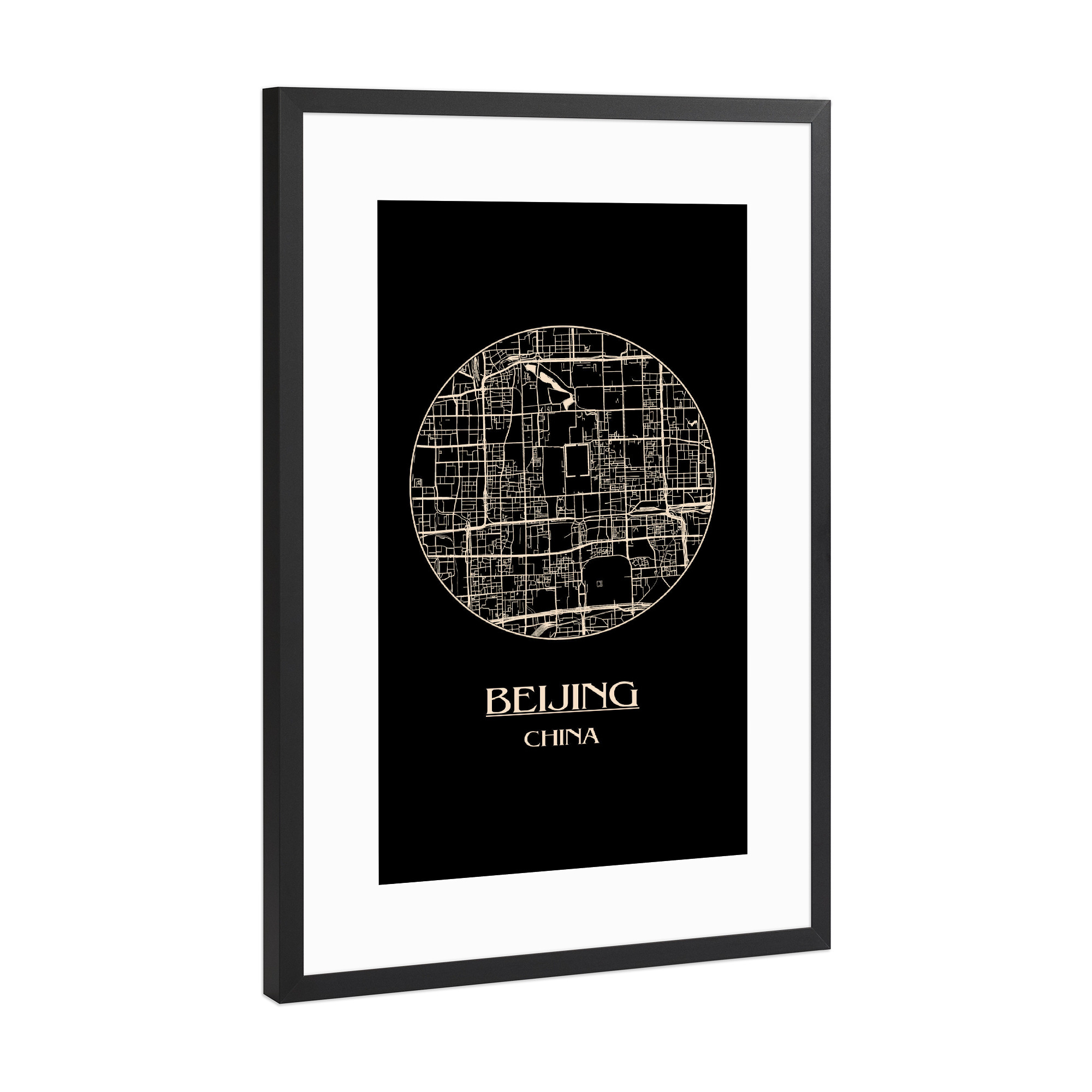 Poster mit Rahmen Schwarz (Metallic) "Retro Map of Beijing 2" artboxONE - Städte - Retro,Map,Beijing,Vintage