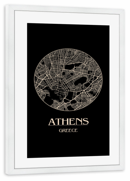 Poster mit Rahmen weiß "Retro Map of Athens Greece" artboxONE - Städte,Schwarzweiß,Städte / Weitere - Retro,Greece,Map,Athens