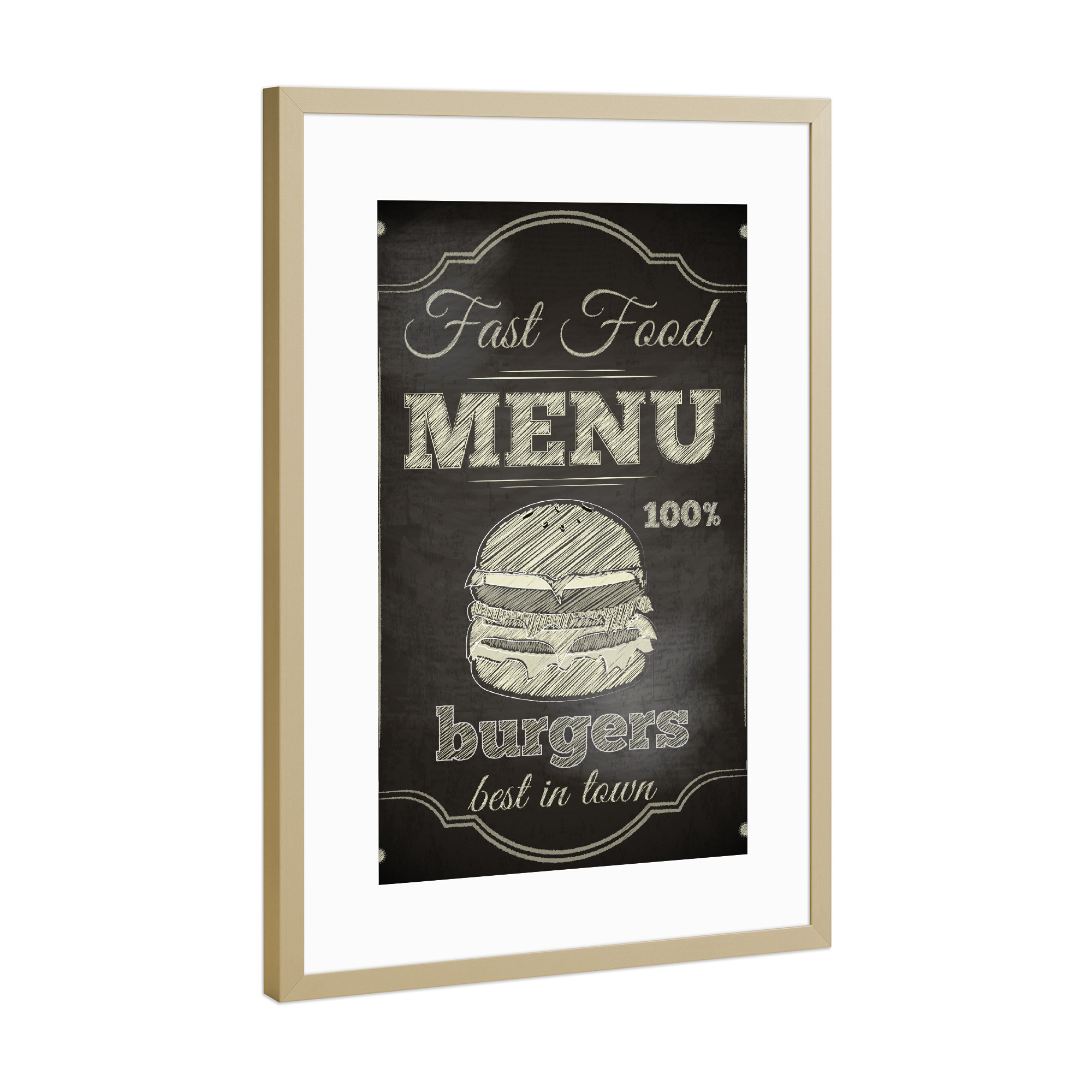 Poster mit Rahmen Gold "Burger Menu" artboxONE - Essen & Trinken,Schwarzweiß