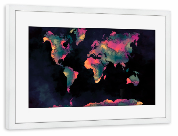 Poster mit Rahmen weiß "World map 80 dark color" artboxONE - Kartografie