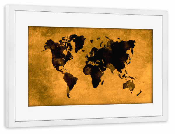 Poster mit Rahmen weiß "World map 59 black orange" artboxONE - Abstrakt,Kartografie