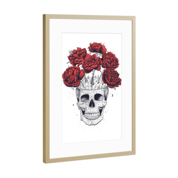 Poster mit Rahmen Gold "Skull with peonies" artboxONE - Natur,Menschen,Streetart