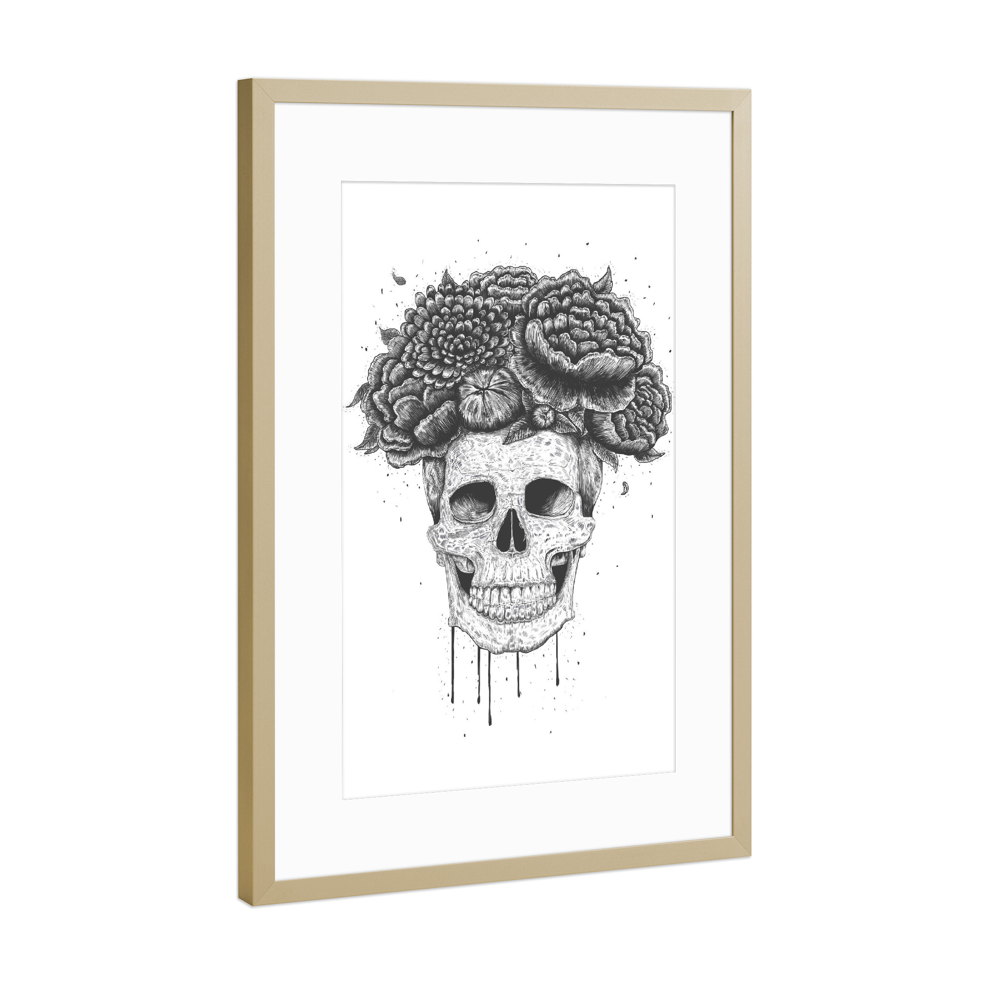 Poster mit Rahmen Gold "Skull with flowers" artboxONE - Natur,Floral,Menschen,Schwarzweiß,Streetart