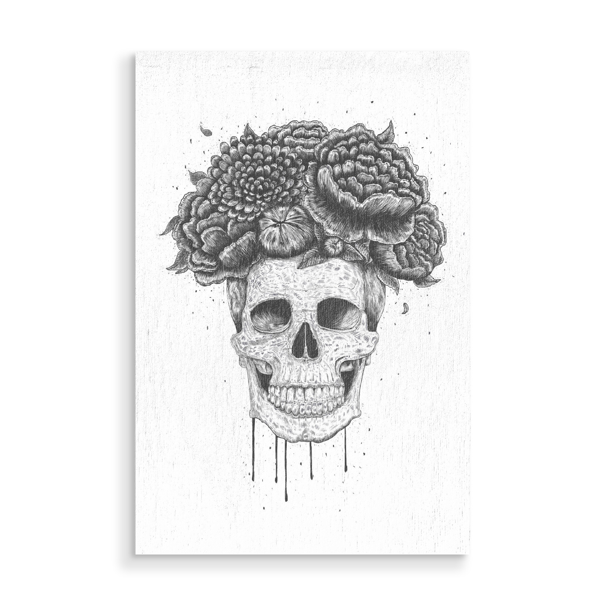 Holzbild "Skull with flowers" artboxONE - Natur,Floral,Menschen,Schwarzweiß,Streetart