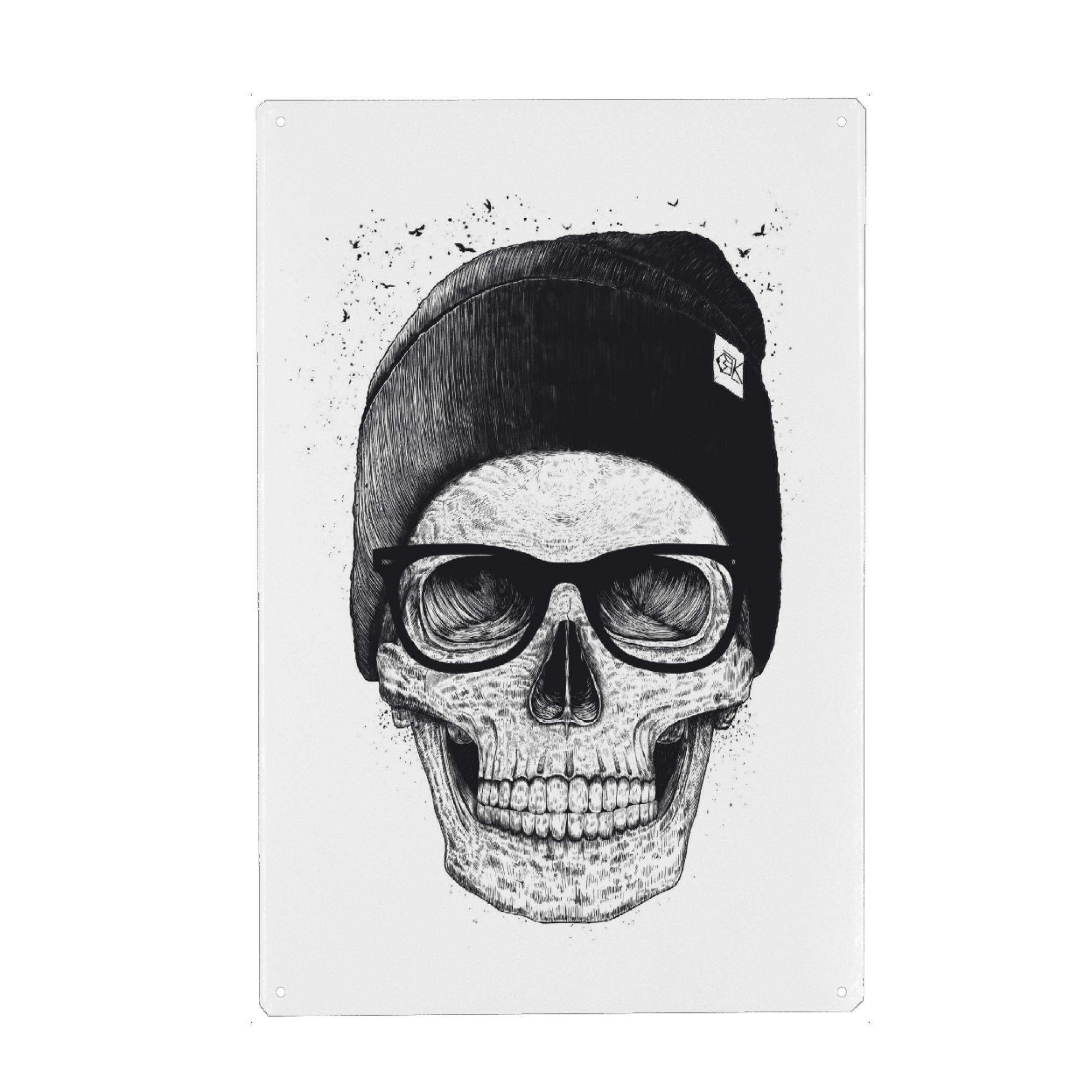 Metall Poster "Black skull in a hat" artboxONE - Menschen,Schwarzweiß,Streetart