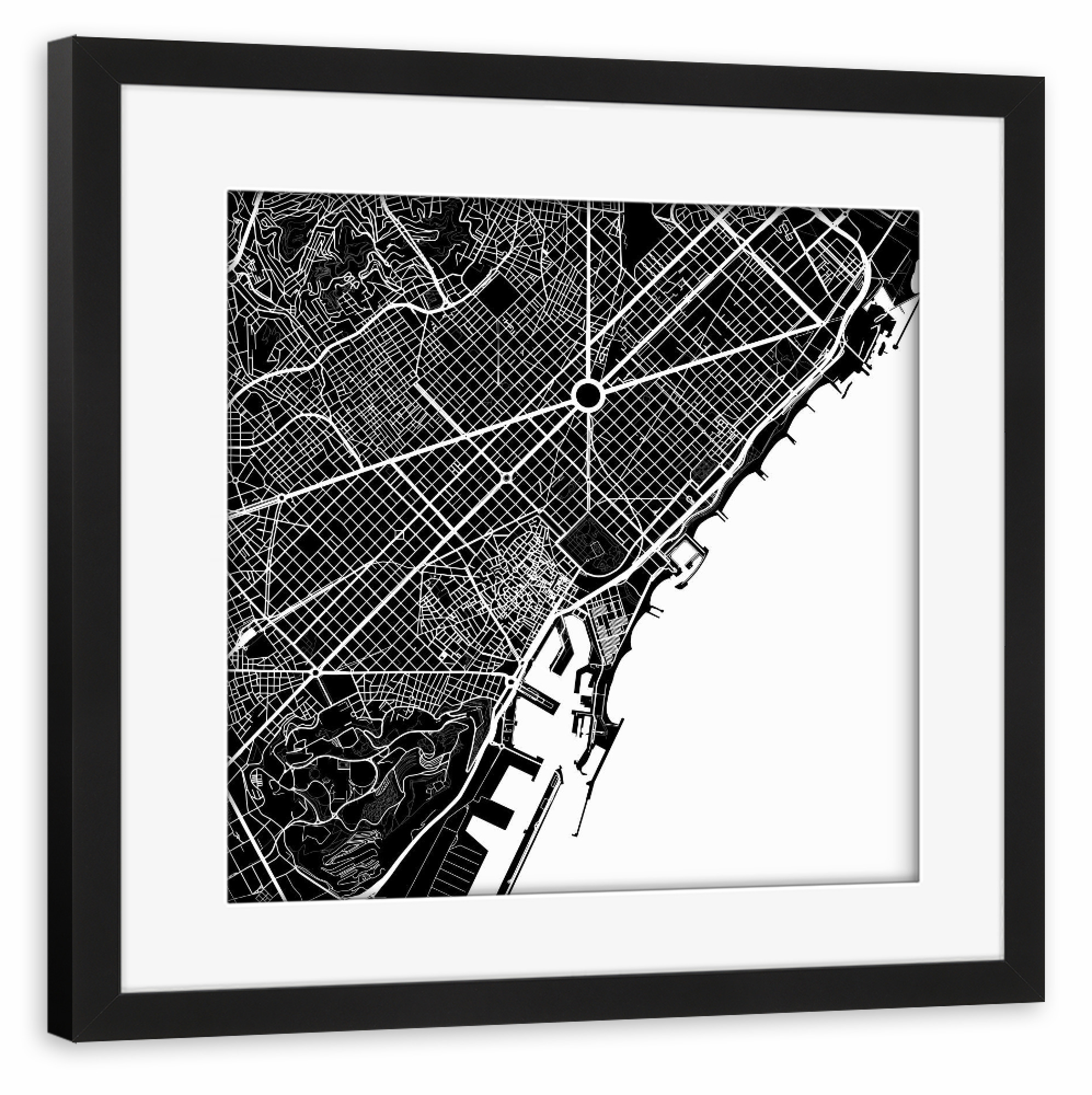 Poster mit Rahmen schwarz "Barcelona white map" artboxONE - Schwarzweiß,Städte / Barcelona - Barcelona,White,Map,Spanien,Catalunya,Karte