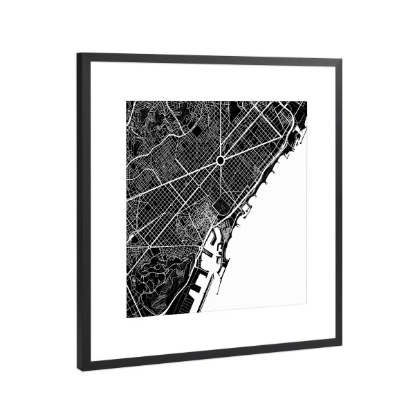 Poster mit Rahmen Schwarz (Metallic) "Barcelona white map" artboxONE - Schwarzweiß,Städte / Barcelona - Barcelona,White,Map,Spanien,Catalunya,Karte