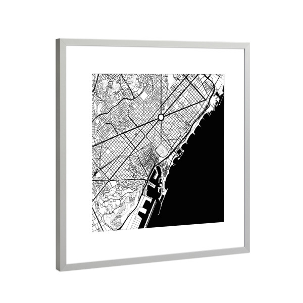 Poster mit Rahmen Silber "Barcelona black map" artboxONE - Städte,Reise,Schwarzweiß,Städte / Barcelona - Barcelona,Black,Map,Spanien,Catalunya,Karte