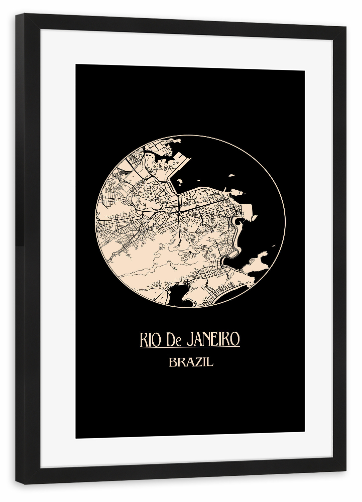 Poster mit Rahmen schwarz "Retro Map of Rio de Janeiro Brazil 3" artboxONE - Städte,Städte / Rio de Janeiro,Kartografie