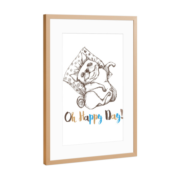 Poster mit Rahmen Kupfer "Oh happy day!" artboxONE - Tiere,Schwarzweiß - Hund,Sketch,Humor,Lüstig,Tiere,Illustration,Typo,Oh happy day