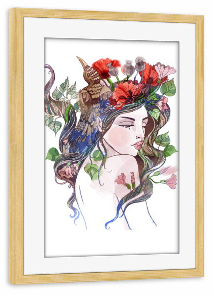 Poster mit Rahmen kiefer "Nymphe mit Mohnblumen" artboxONE - Natur,Menschen,Fiktion