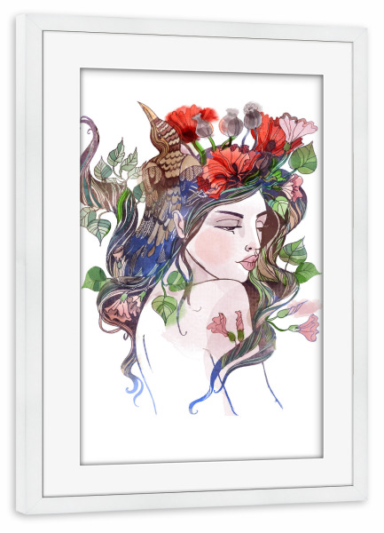 Poster mit Rahmen weiß "Nymphe mit Mohnblumen" artboxONE - Natur,Menschen,Fiktion