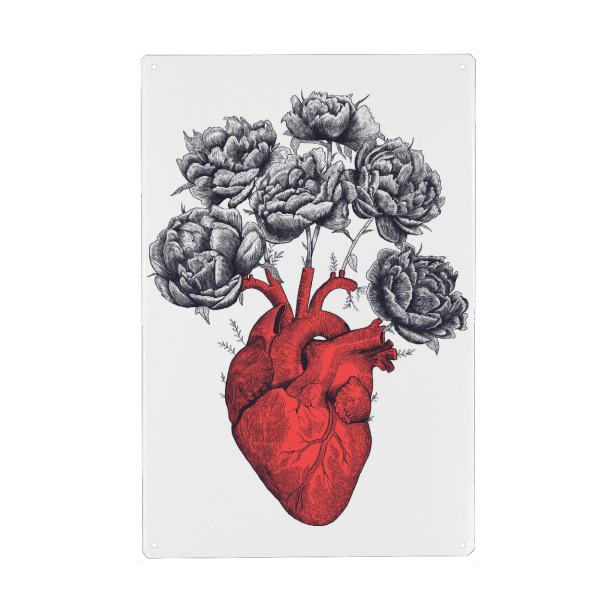 Metall Poster "Heart with peonies" artboxONE - Typografie,Natur,Floral,Schwarzweiß
