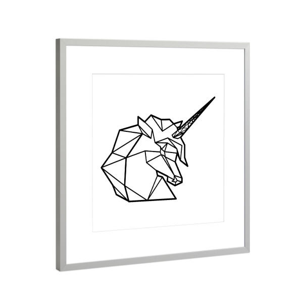 Poster mit Rahmen Silber "Geometrischer Einhorn Kopf" artboxONE - Tiere,Schwarzweiß,Geometrie,Fiktion