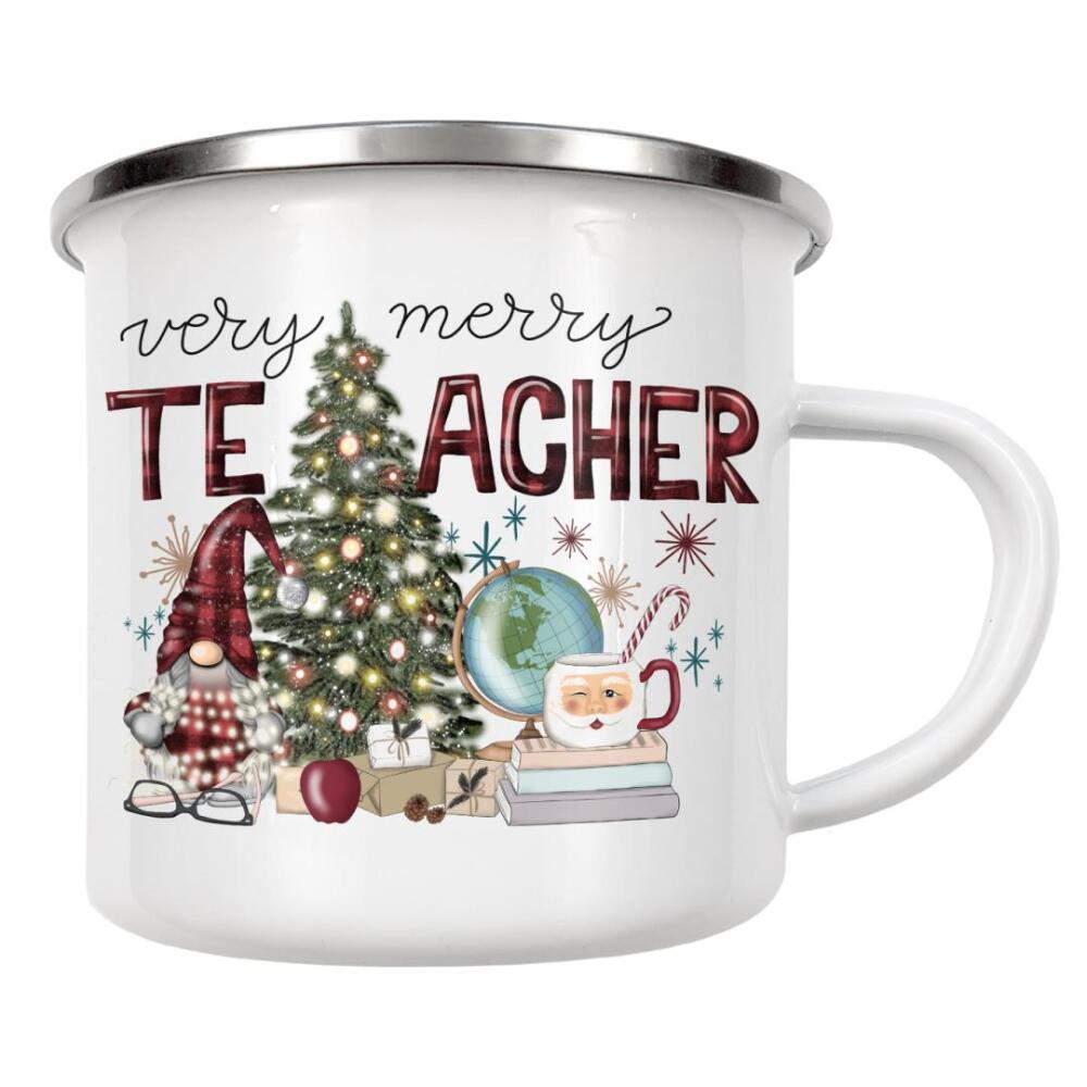 Emaille Tasse "Sehr fröhlicher Lehrer" artboxONE - Weihnachten,Lehrersprüche,Buchstaben,Festivals