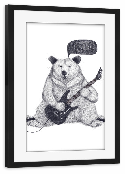 Poster mit Rahmen schwarz "Bear let's rock" artboxONE - Tiere,Schwarzweiß,Musik,Festivals
