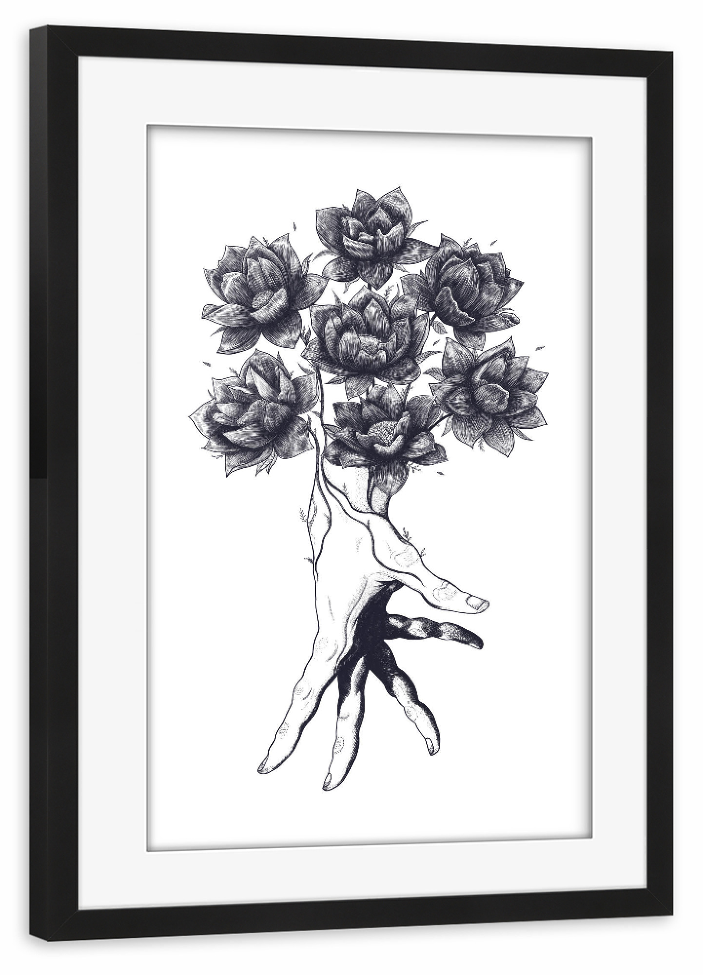 Poster mit Rahmen schwarz "Hand with lotuses" artboxONE - Floral,Abstrakt,Schwarzweiß