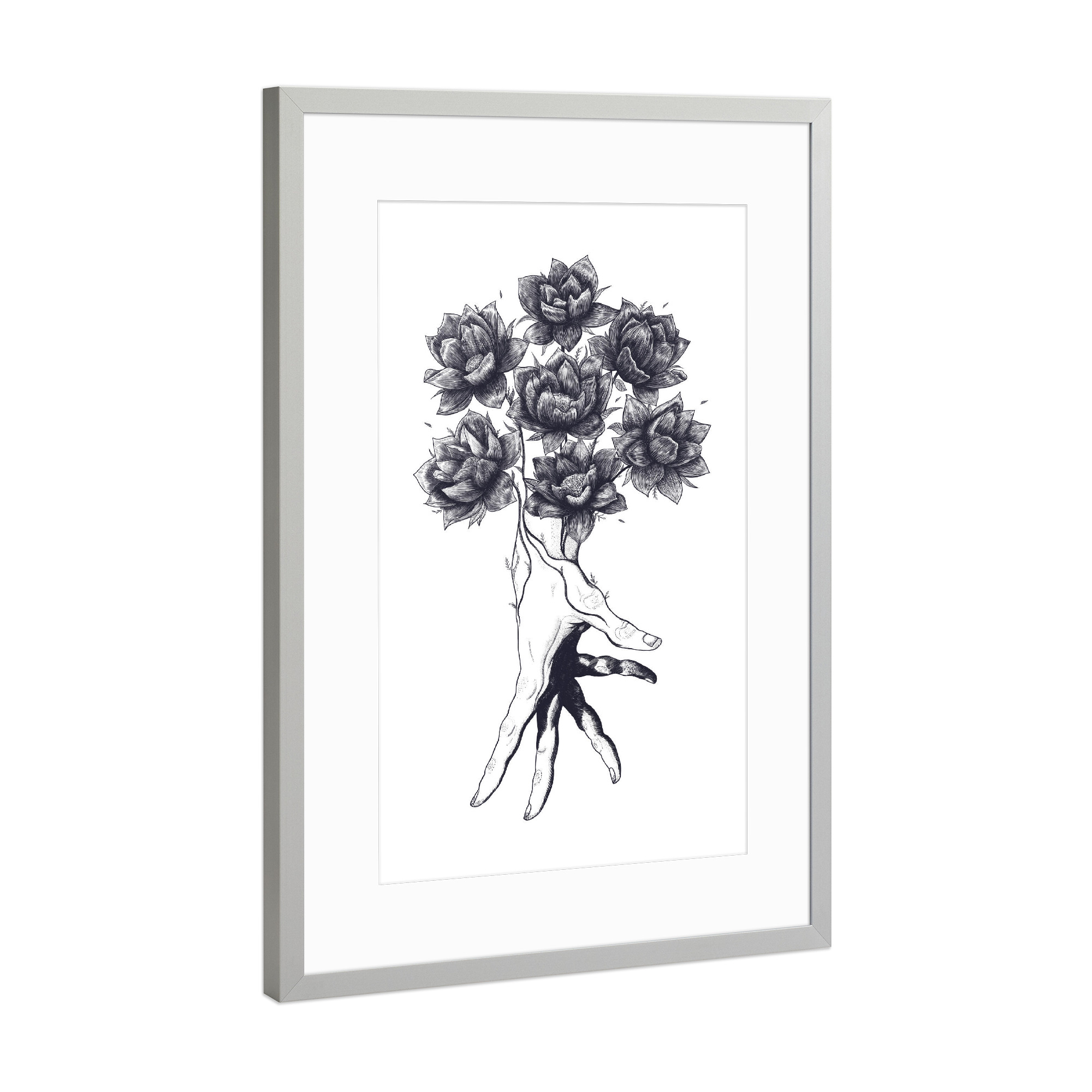 Poster mit Rahmen Silber "Hand with lotuses" artboxONE - Floral,Abstrakt,Schwarzweiß