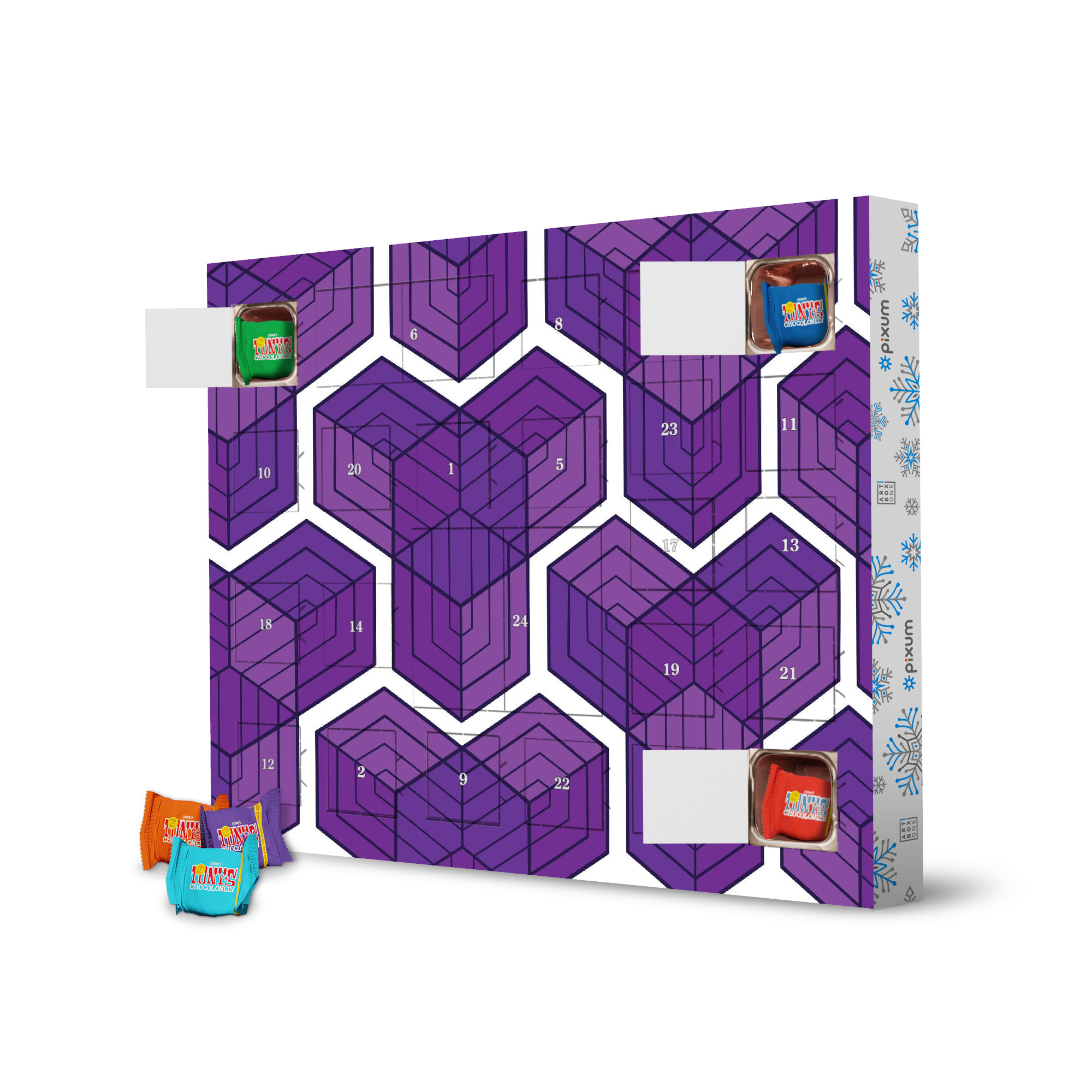 Adventskalender mit Tony's Chocolonely Geometrie Lila Große Figuren Weiße Hintergrund artboxONE Adventskalender Geometrie