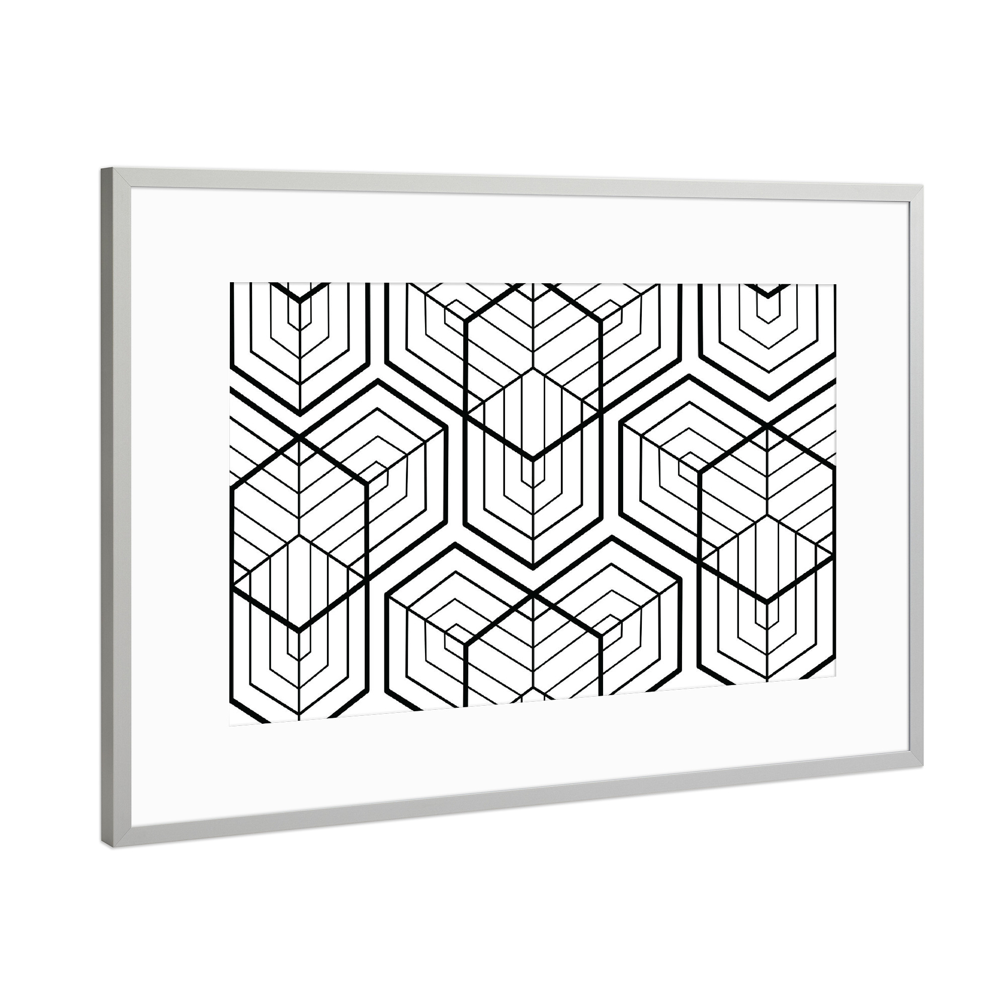 Poster mit Rahmen Silber "Geometrie Schwarz-Weiß Große Hexagon" artboxONE - Schwarzweiß,Geometrie