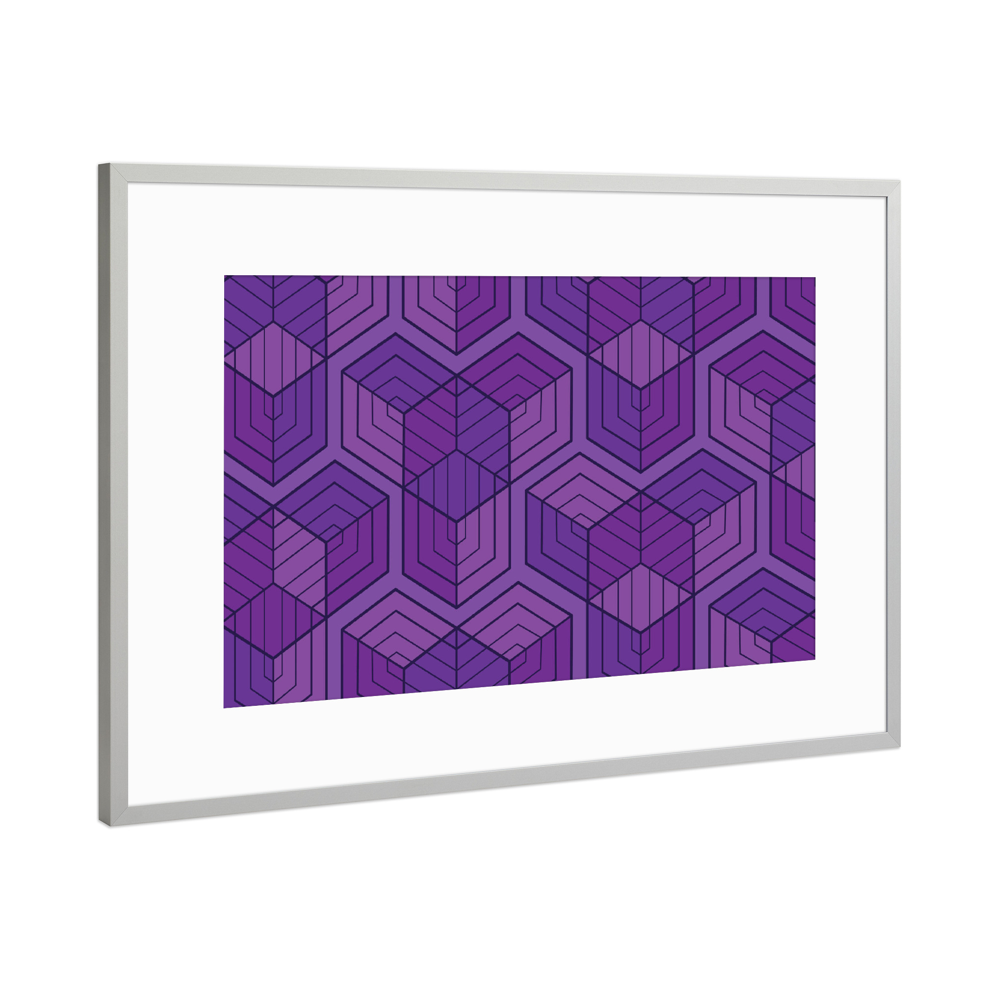 Poster mit Rahmen Silber "Geometrie Lila Große Figuren" artboxONE - Geometrie - Geometrie lila große figuren,Regenbogen,3d,Muster