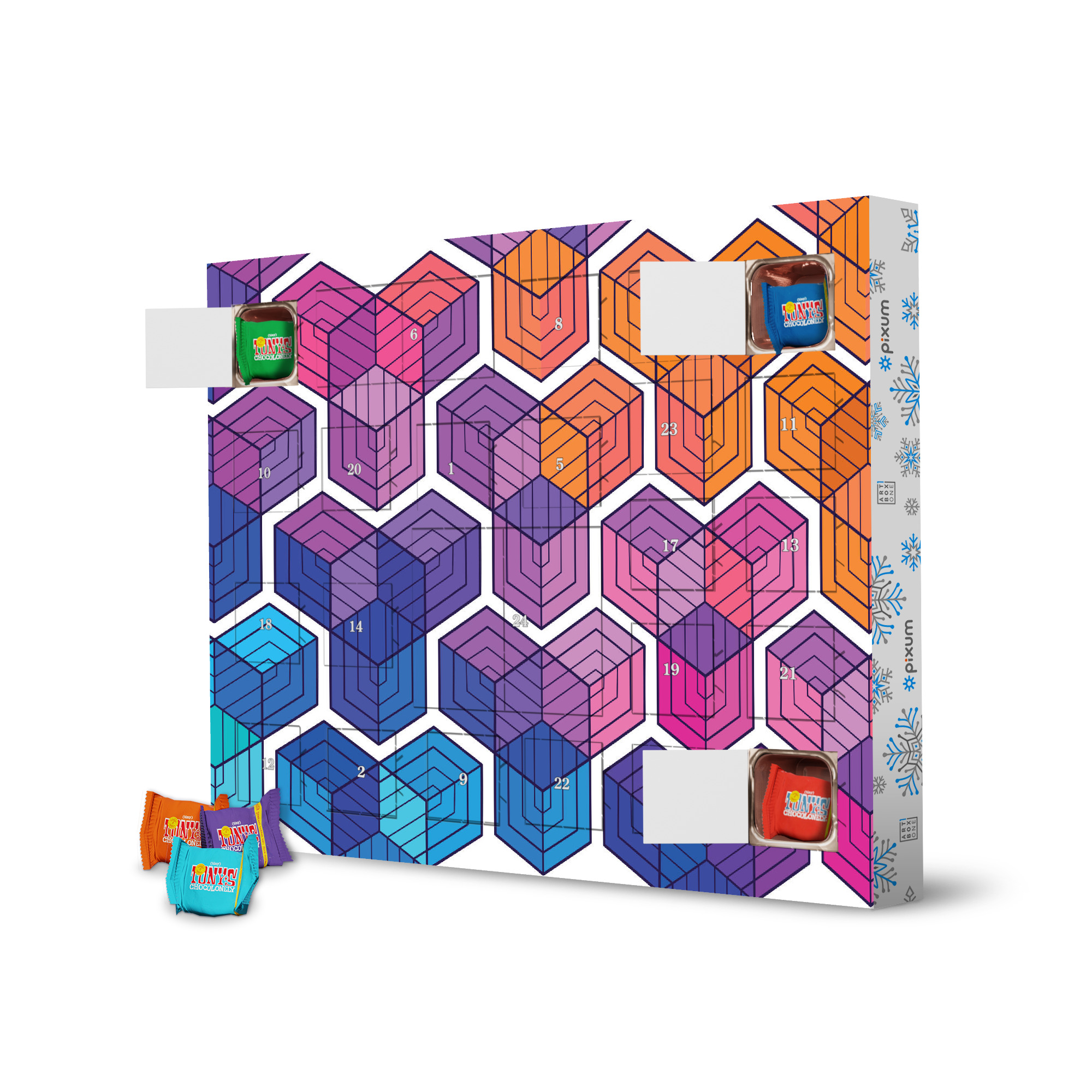 Adventskalender mit Tony's Chocolonely Geometrie Bunt Weiße Hintergrund Große Figuren artboxONE Adventskalender Geometrie