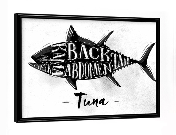 Poster mit schwarzem Rahmen "Thunfisch Schneide Schema" artboxONE - Essen & Trinken,Schwarzweiß