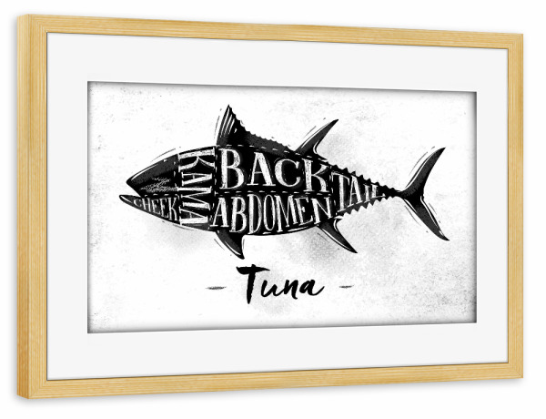 Poster mit Rahmen kiefer "Thunfisch Schneide Schema" artboxONE - Essen & Trinken,Schwarzweiß