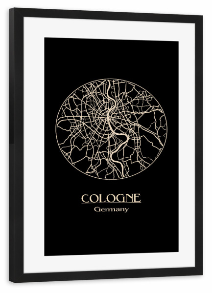 Poster mit Rahmen schwarz "Cologne Germany Retro Map" artboxONE - Städte,Städte / Köln,Schwarzweiß - Cologne,Germany,Retro,Map,Cologne,Deutschland