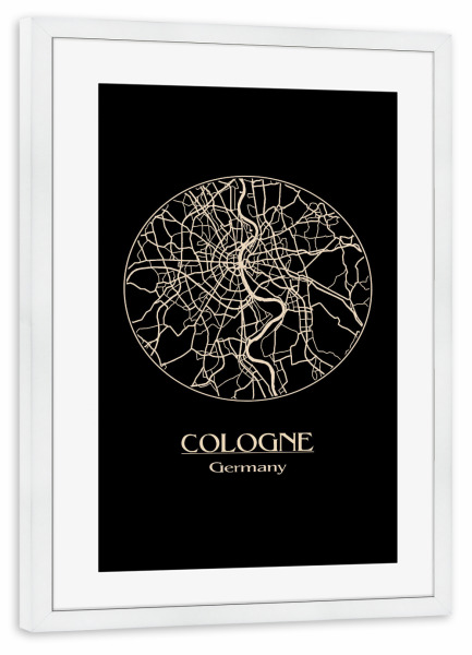Poster mit Rahmen weiß "Cologne Germany Retro Map" artboxONE - Städte,Städte / Köln,Schwarzweiß - Cologne,Germany,Retro,Map,Cologne,Deutschland