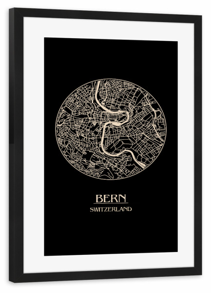Poster mit Rahmen schwarz "Bern Switzerland Retro Map" artboxONE - Städte,Reise,Schwarzweiß,Städte / Weitere
