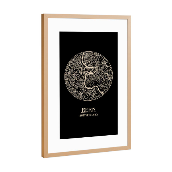Poster mit Rahmen Kupfer "Bern Switzerland Retro Map" artboxONE - Städte,Reise,Schwarzweiß,Städte / Weitere