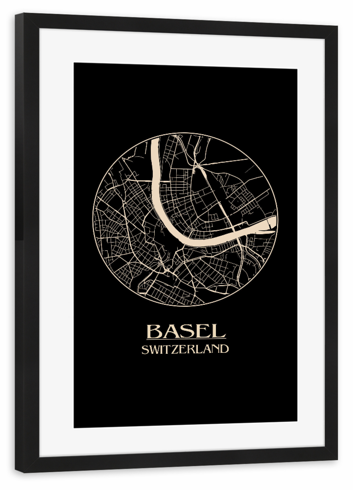Poster mit Rahmen schwarz "Basel Switzerland Retro Map" artboxONE - Städte,Schwarzweiß,Städte / Weitere - Basel,Switzerland,Retro,Map,Deutschland