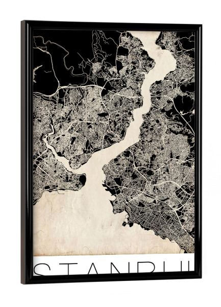 Poster mit schwarzem Rahmen "Retro Map of Istanbul Turkey 2" artboxONE - Schwarzweiß,Städte / Istanbul,Kartografie - Retro,Map,Istanbul,Turkey,Türkei