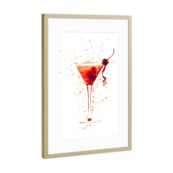 Poster mit Rahmen Gold "Cocktail Glass Watercolor Red" artboxONE - Essen & Trinken